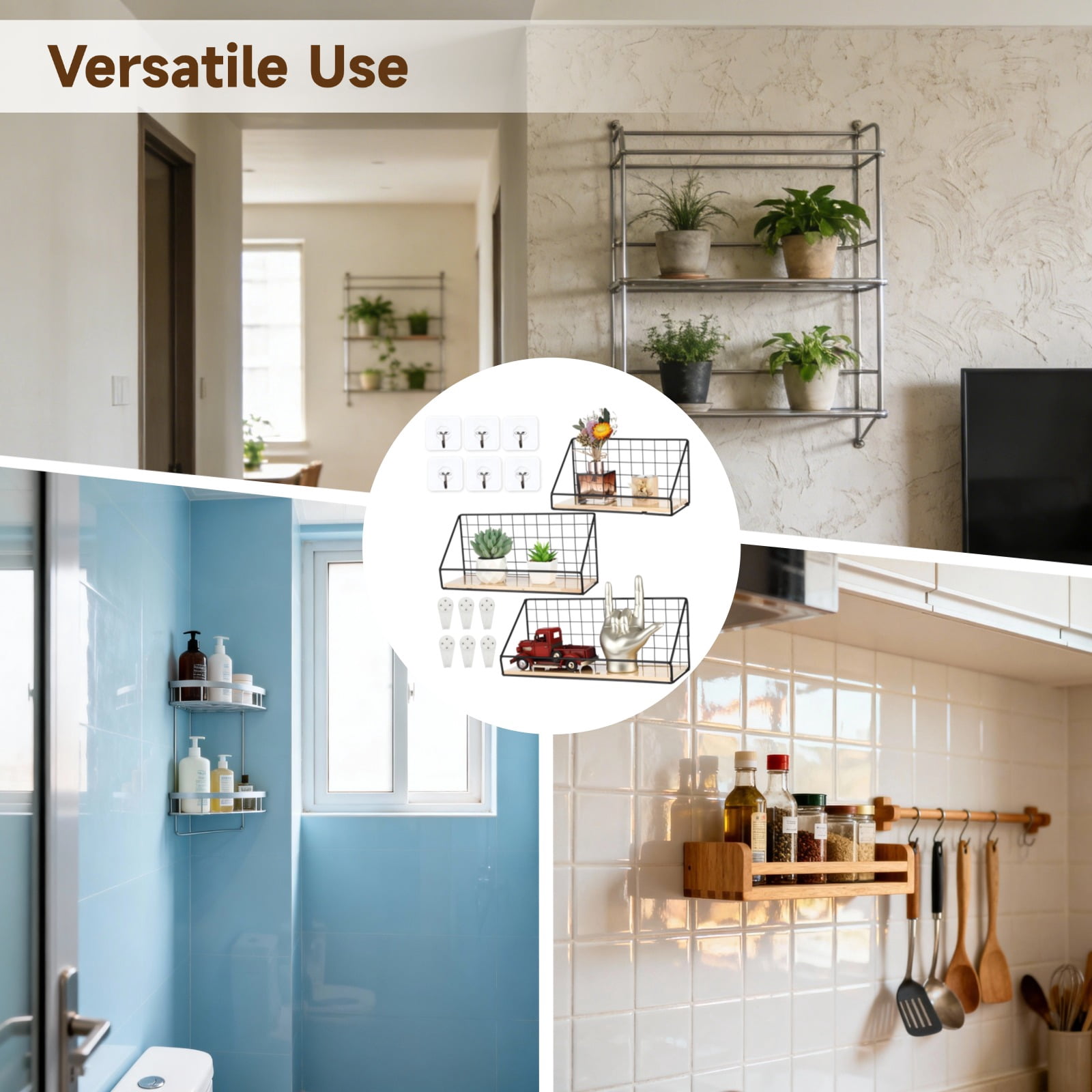 Decorative Shelf, 3 Pcs Floating Shelves for Wall No Drill Wall Mounted Wood Shelf with Metal Rail, Wire Frame Rustic Wall Decoration for Kitchen, Bathroom, Bedroom, 13.8/11.8/9.8 in Black