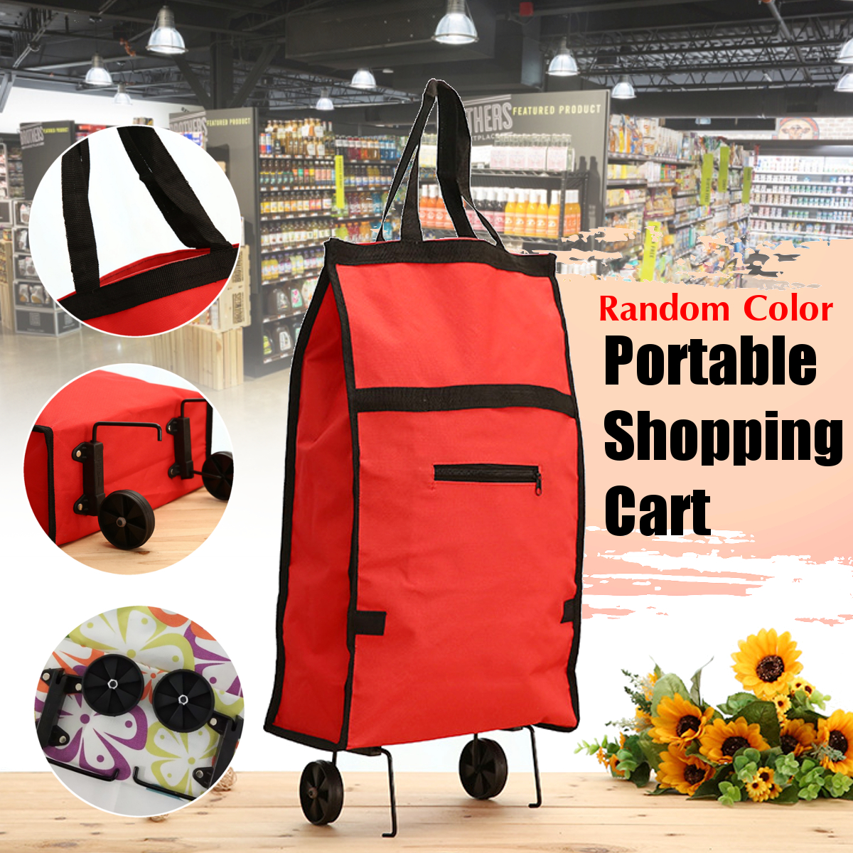 Portable Shopping Bag with Wheels Collapsible Large Capacity Pull Cart