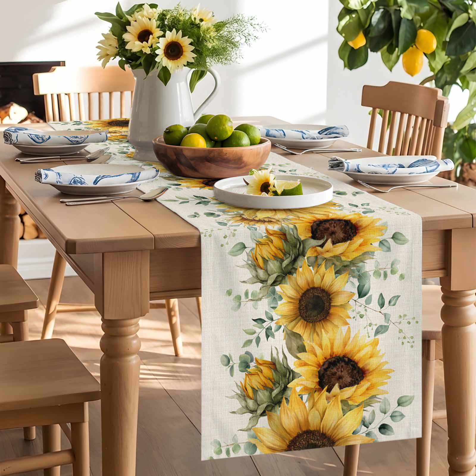 Farm Sunflower Eucalyptus Leaves Table Runner 90 Inches Long, Rustic Plants Retro Linen Table Runners Tabletop Scarf Kitchen Dining Tables Decoration for Home Party Indoor Outdoor