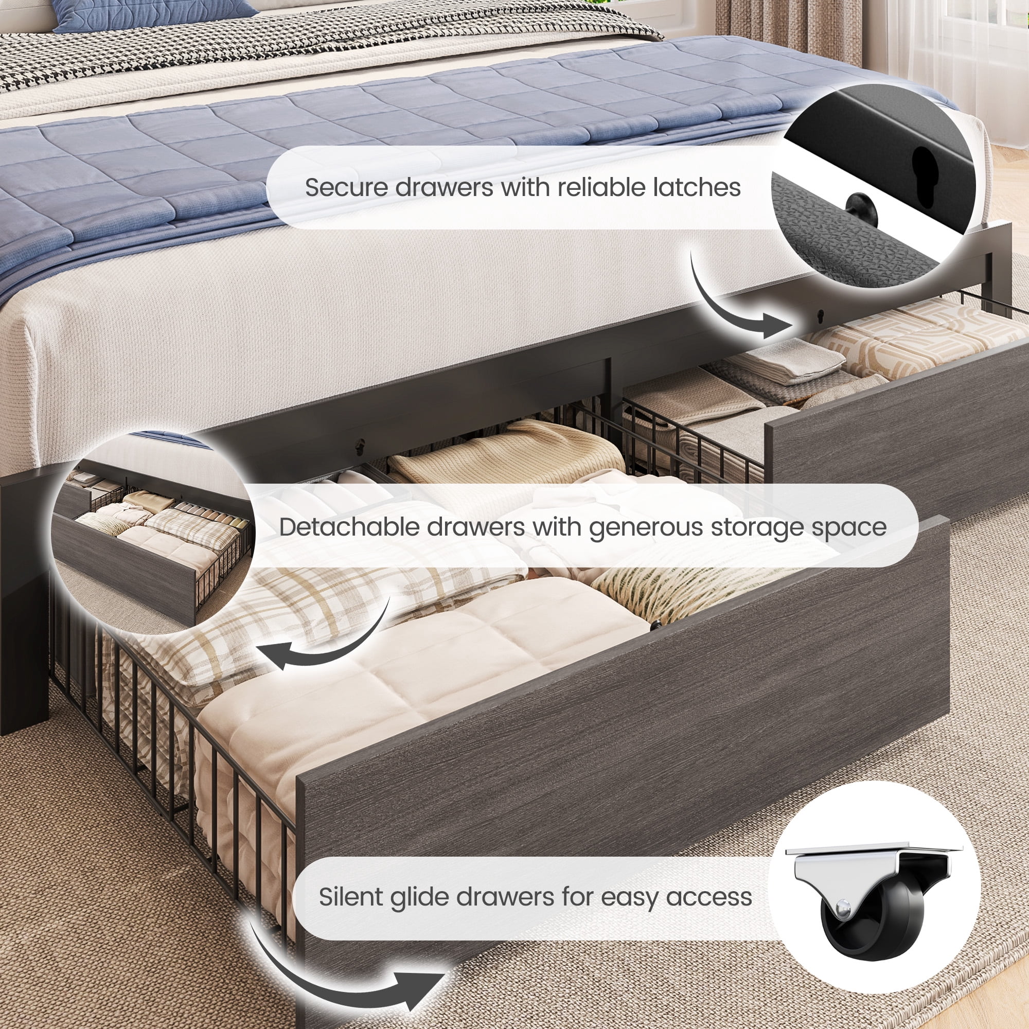 Lifezone Queen Bed Frame with 2-Tier Storage Headboard, Metal Bed Frame with Storage Drawers, Built-in Charging Station & LED Lights, Noise-Free, No Box Spring Needed, Easy Assembly, Rustic Grey