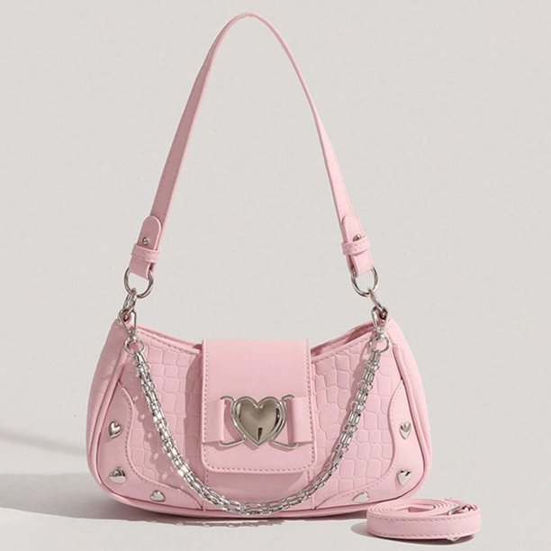 Bolso de mano con cadena para mujer, bolso con forma de corazón Y2K para axilas, bolso diario de PU de Color sólido