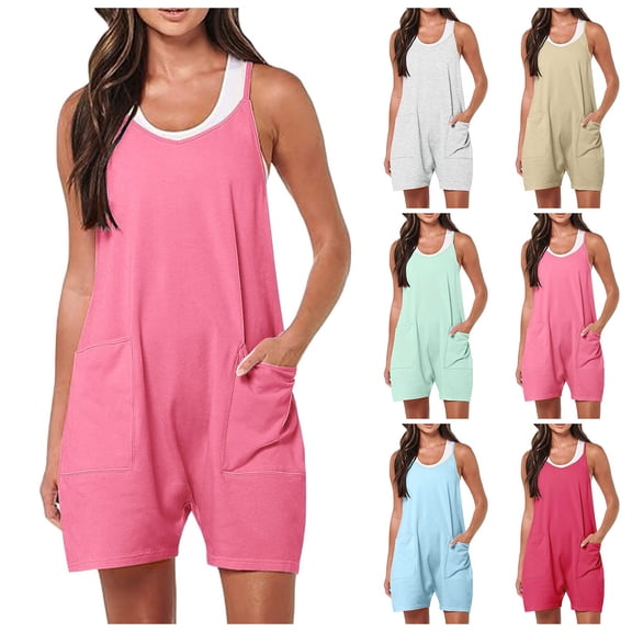 Women's Casual Rompers Summer Sleeveless Jumpsuits Loose Spaghetti Strap Shorts Overalls Trendy Outfits With Pockets,Hot Pink,XXL