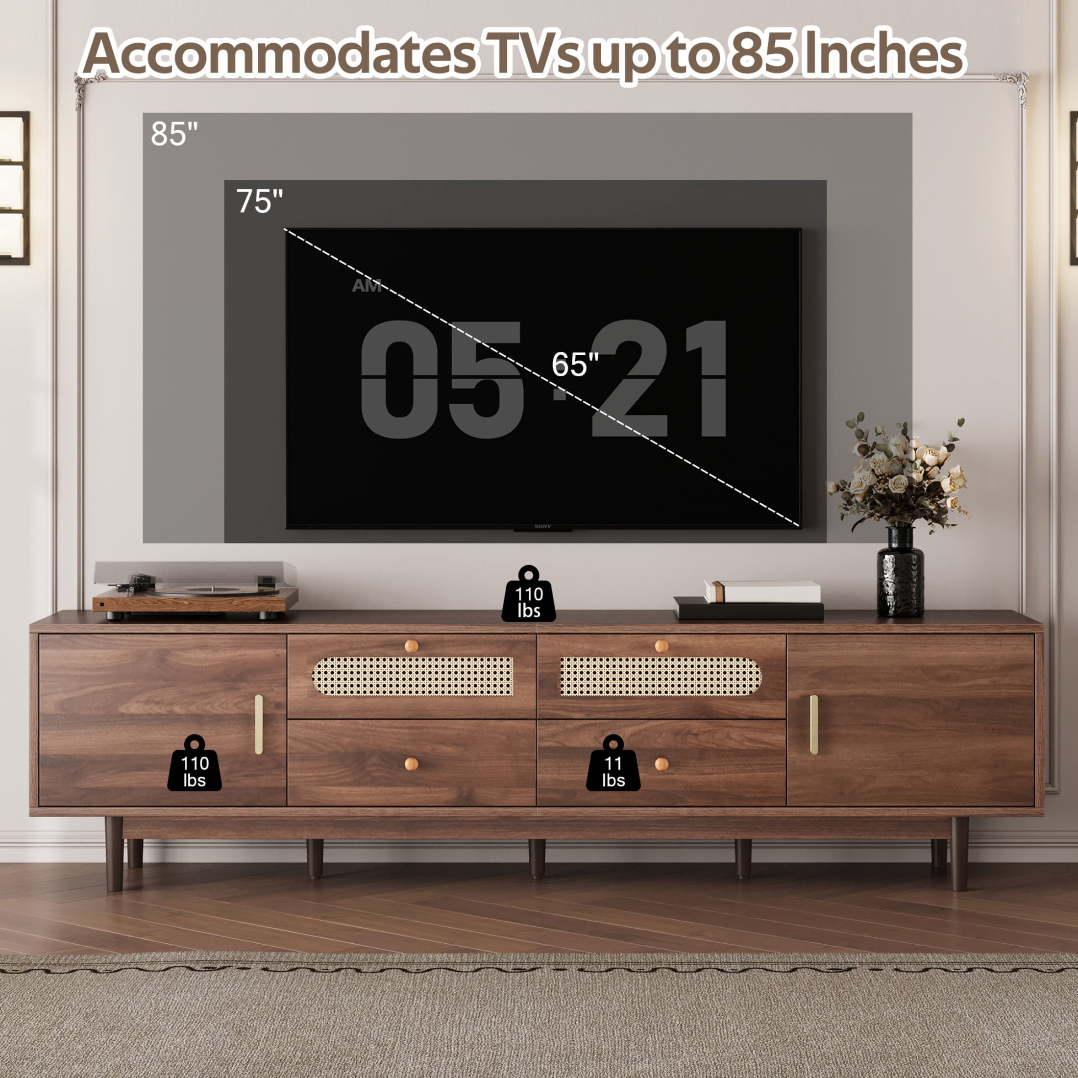Atumcto 76" Modern Wood TV Stand for 85 Inch TVs, Mid-Century Entertainment Center with Rattan Accent Doors and Storage Cabinets for Living Room or Bedroom
