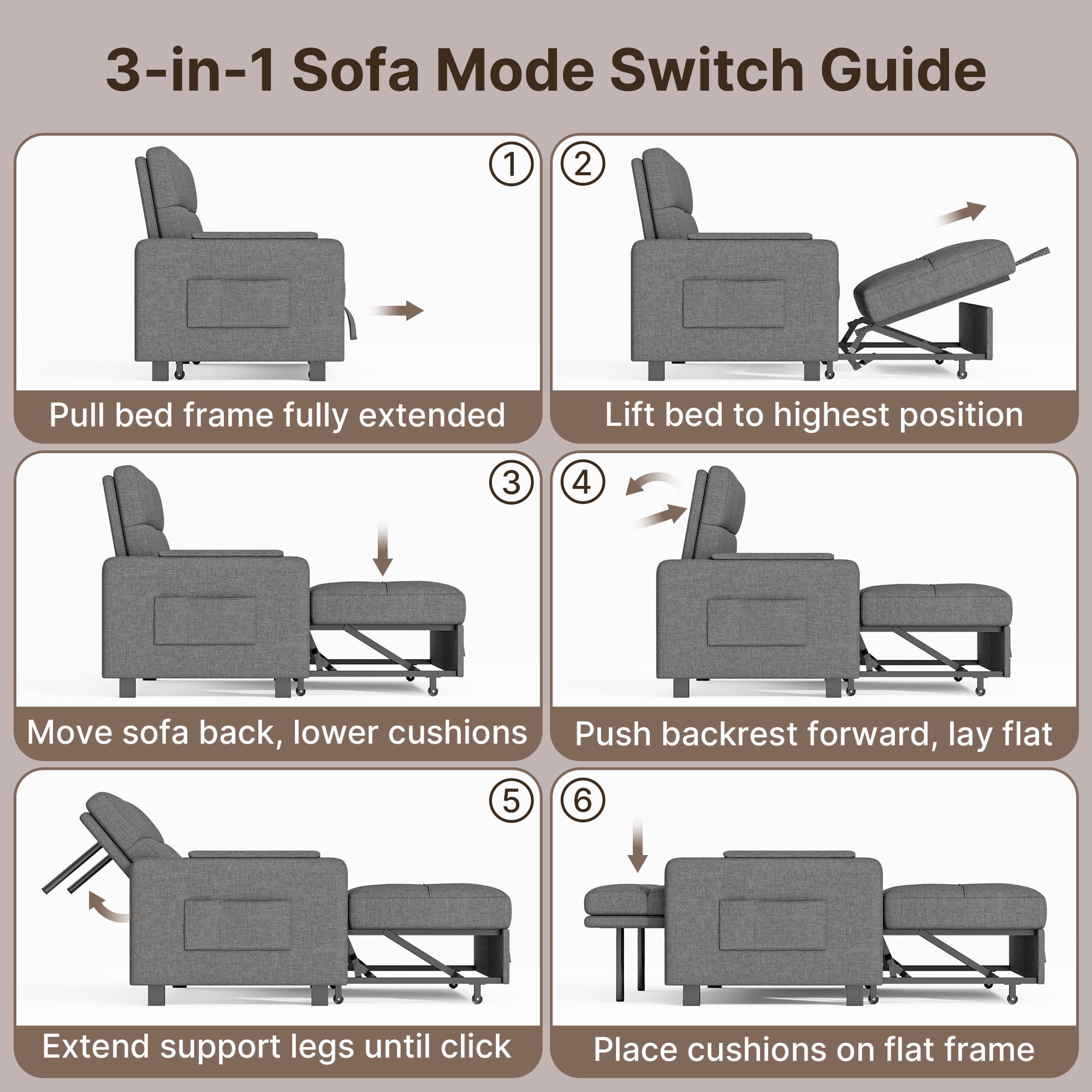 Lofka 71" D Twin Size Convertible Pull-Out Sofa Bed with 6 Adjustable Angles and Smooth Rolling Wheels for Small Spaces, Dark Gray
