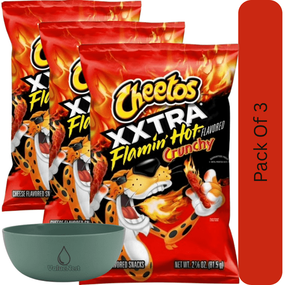 Cheetos Crunchy XXtra Flamin’ Hot Cheese Snacks, Mini 2.875 oz Bag With Olive Green Bowl By ValueNest