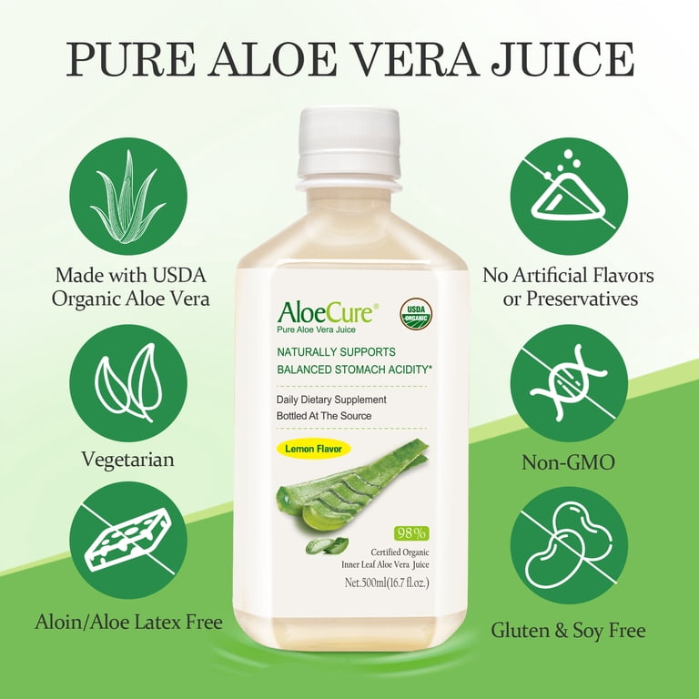 AloeCure USDA Organic Aloe Vera Juice Lemon Flavor - Made Within 12 Hours  of Harvest - Natural Digestive Supplement for Balanced Stomach Acidity - ...