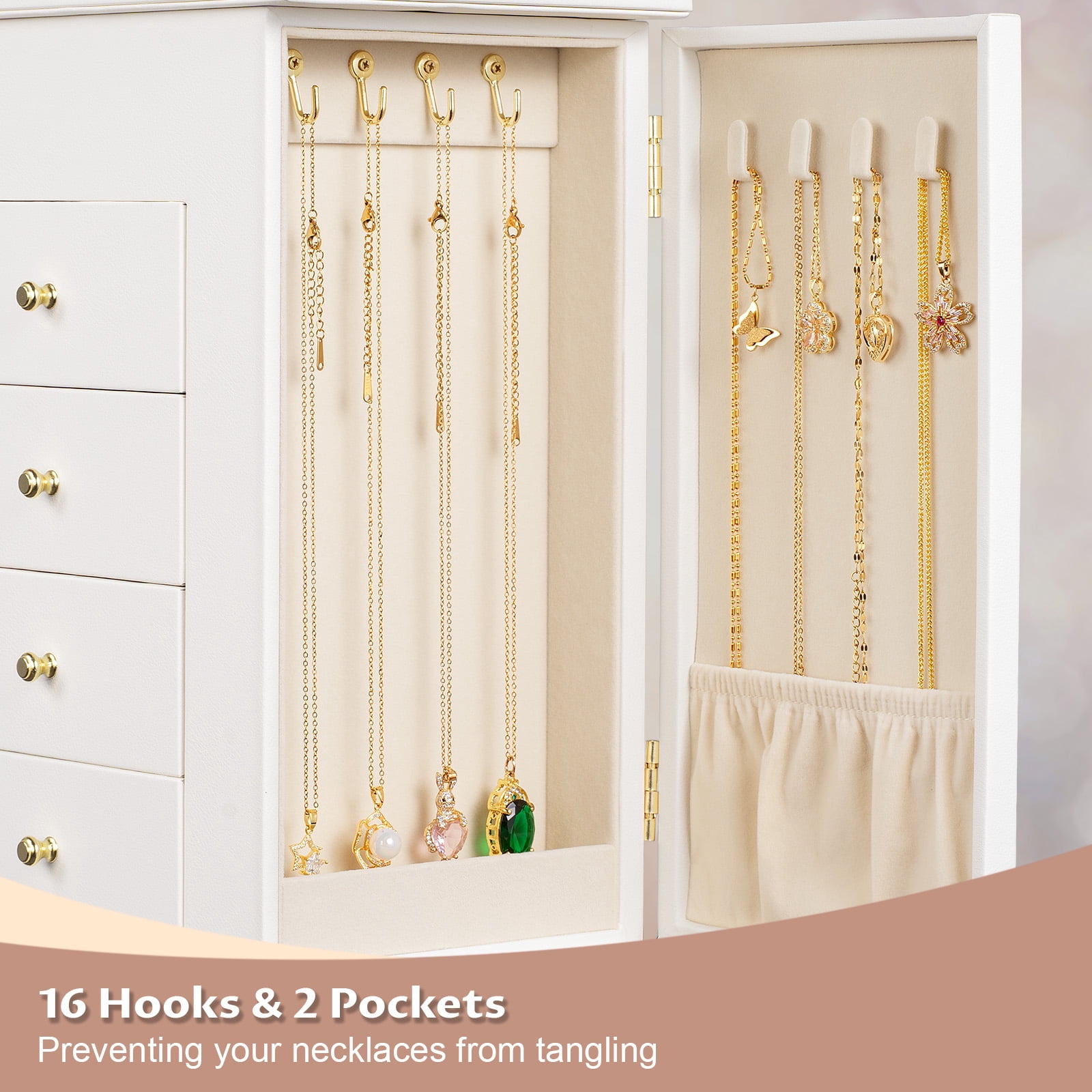 Jewelry Box for Women, 5 Layer Large Leather Boxes & Organizers for Necklaces Earrings Rings Bracelets, Organizer with Drawers and Mirror, White