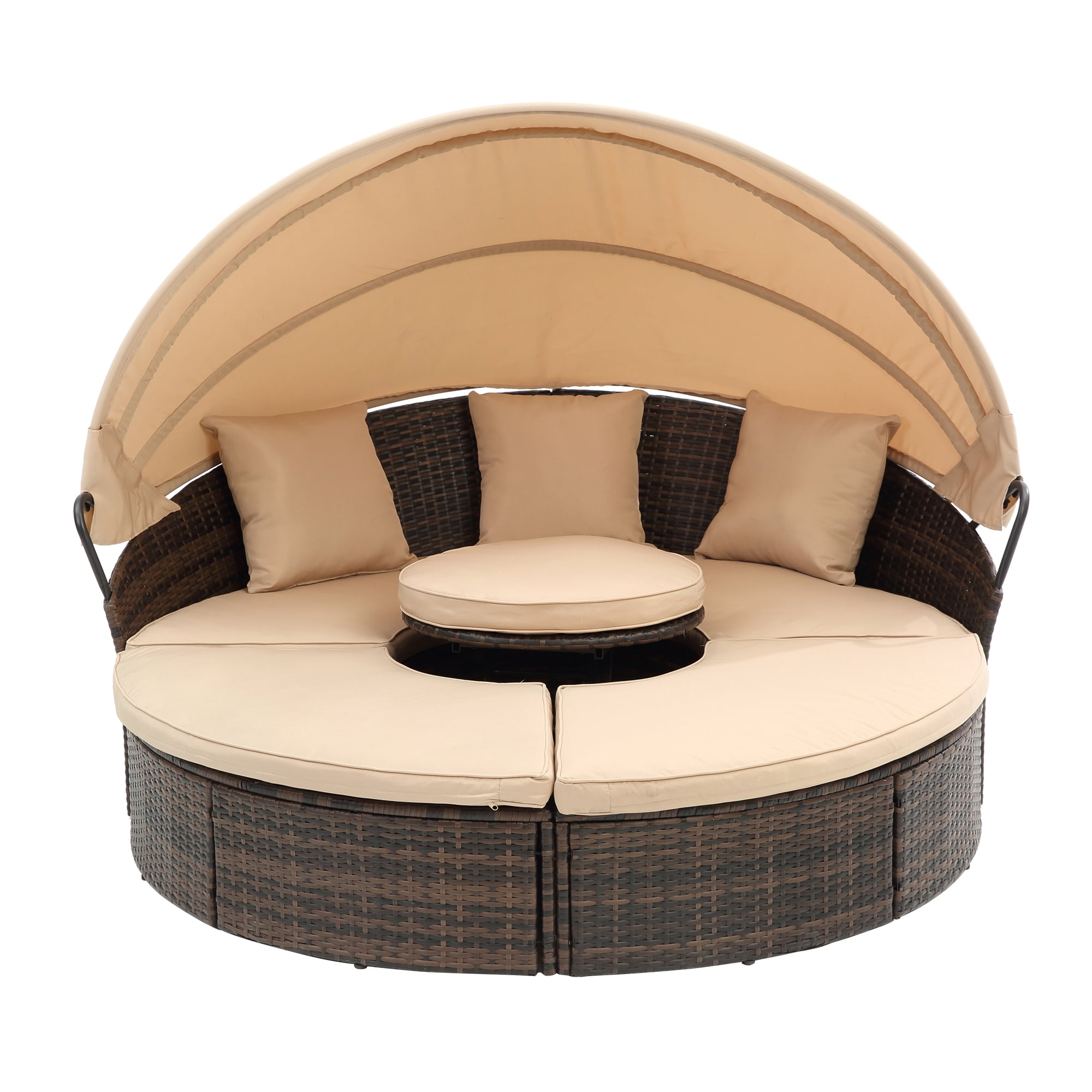 Rattan Round Outdoor Canopy Bed with Lift Coffee Table, Clamshell Sectional Daybed for Patio and Garden, Beige