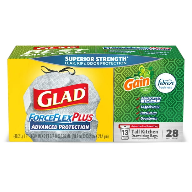 Glad Tall Kitchen Trash Bags, 13 Gallon, 28 Bags (ForceFlexPlus, Gain