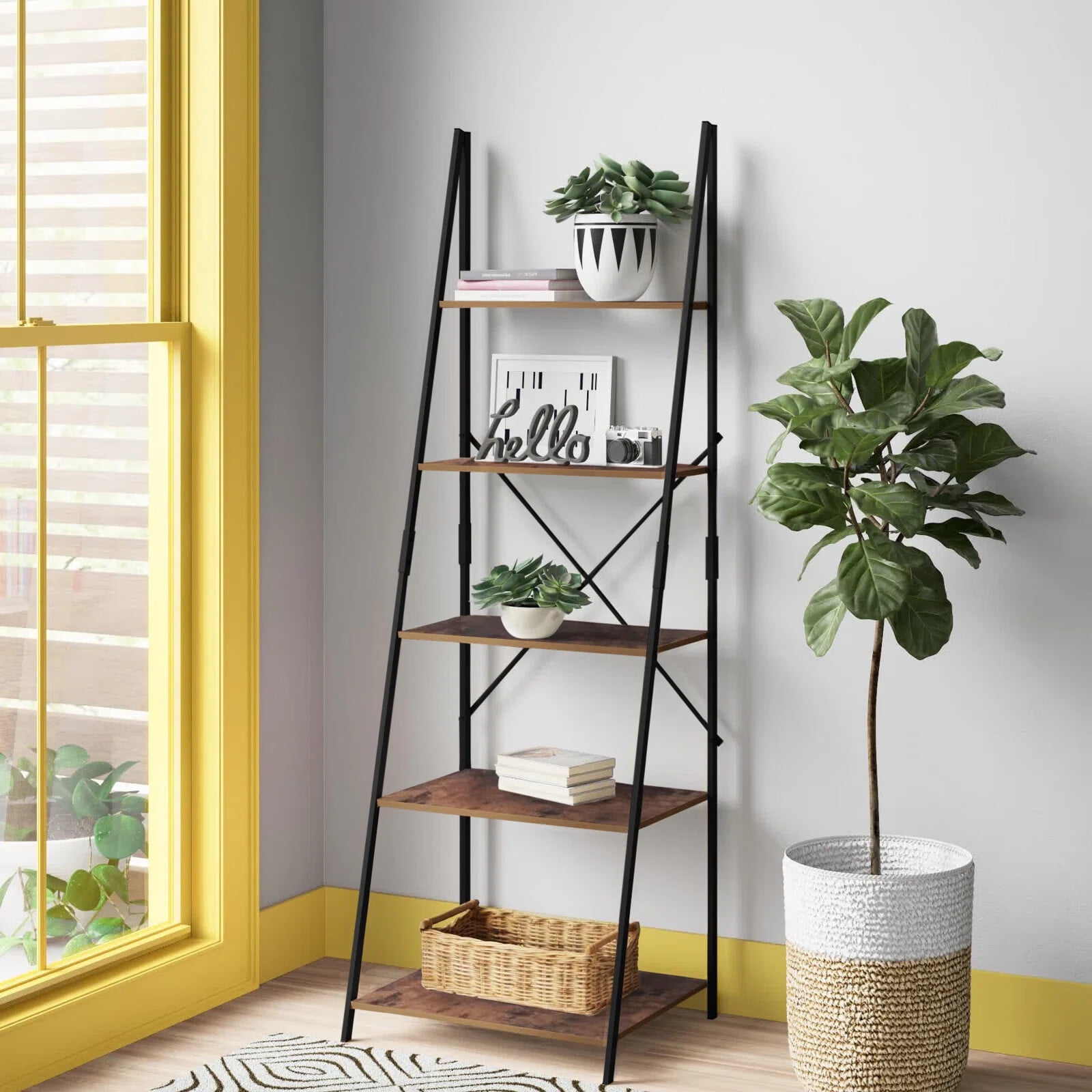Homecho Classic bookcase, 5tier Ladder Shelf with Iron Frame, Display