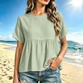 thumbnail image 2 of Craaazy Short Sleeve Tops for Women Loose Fit Solid Color Crew Neck Pleated Peplum Cotton Linen Blend Top Casual Summer Blouse for Daily Summer Wear, 2 of 6
