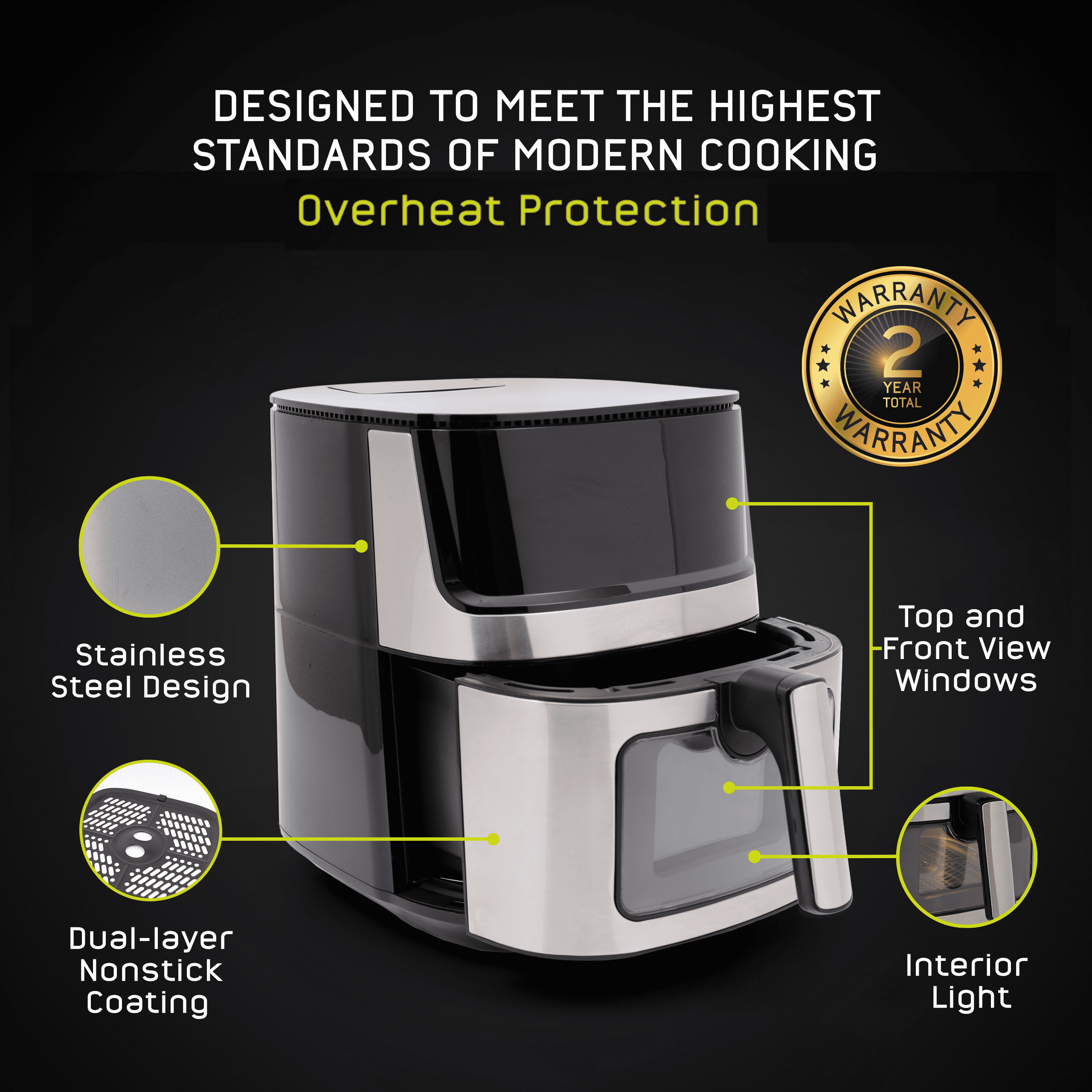 Universal (6.5 QT) Large Air Fryer with Moisture Spray—Crispy Outside, Juicy Inside, Stainless Steel Digital Air Fryer, 10 Presets, Dual Window, Easy Clean, Black
