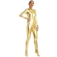 thumbnail image 2 of YONGHS Women's Shiny Holographic Unitard Zentai Jumpsuit Mock Neck Zipper Front Bodysuits Catsuits Gold XXL, 2 of 7
