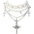 thumbnail image 1 of Collier Croix Perle Superposée Déclaration Gothique Empilé Collier Perle Strass pour Femme, 1 of 8