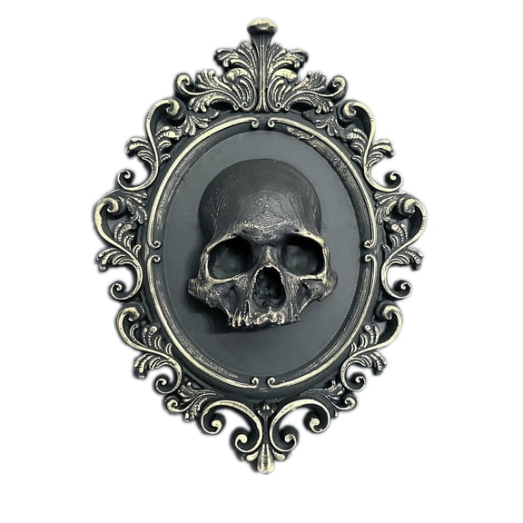 Ornate Oval Victorian Baroque Black, Gold Gothic Skull Frame Halloween Hanging Wall Décor by The Grey House