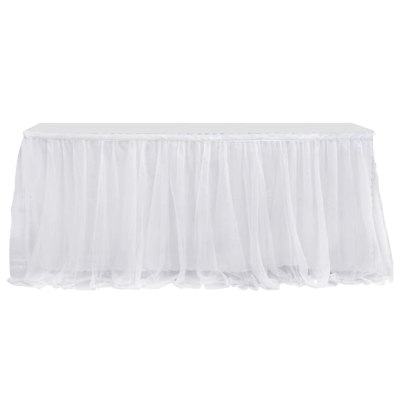 OIUR Tulle Table Skirt for Rectangular Tables White Pleated Table Cloth 6Ft/9Ft Wrinkle Free Tablecloth with Tutu Skirt for Wedding Birthday Party Bridal Shower Banquet Dessert Cake Table Decoration