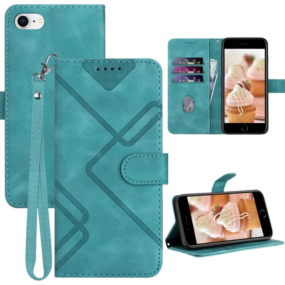 for iPhone SE 2022 Case/iPhone SE Case,iPhone 8/7/6/6S Phone Case Wallet Card Holder,Leather Stand Flip Cases,Wrist Strap, Closure,Shockproof Protective Cover Green