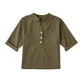 thumbnail image 1 of Linen Shirts Girl 3/4 Sleeve V Neck Blouses Buttons Loose Fit T Shirts Solid Color Summer Holiday Tops Clothes, 1 of 7