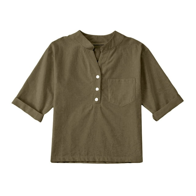 Linen Shirts Girl 3/4 Sleeve V Neck Blouses Buttons Loose Fit T Shirts Solid Color Summer Holiday Tops Clothes