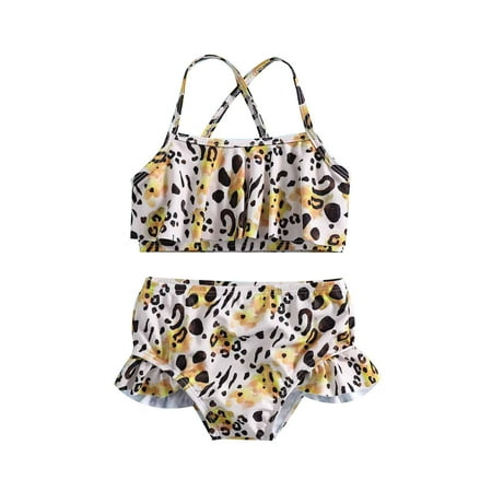 

Toddler Kids Baby Girls Two Piece Bikini Swimsuit Fashion Cute Leopard Print Infant Swimsuit Spaghetti Strap Ruffles Bathing Suit