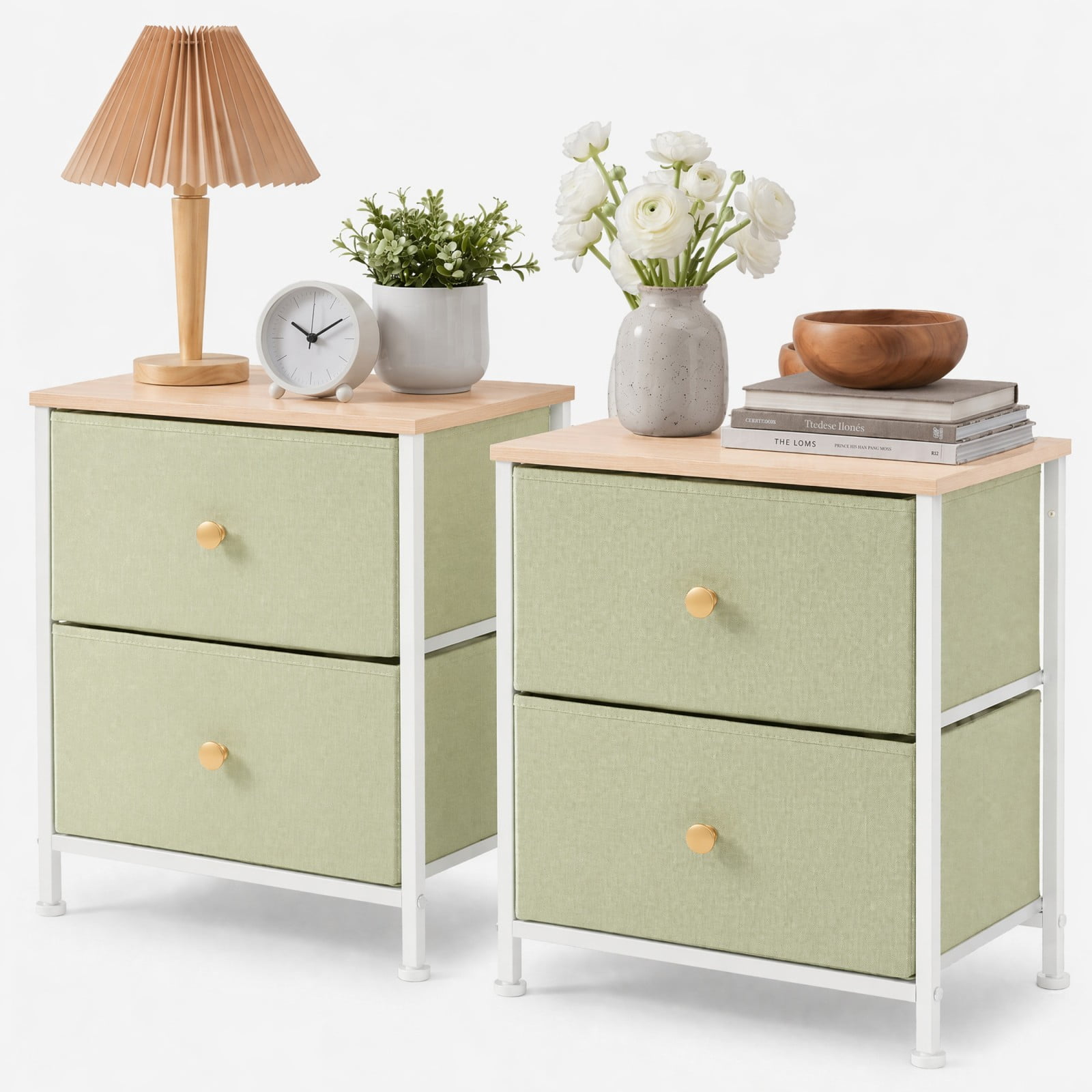 Telyra Nightstands Set of 2 20" Fabric Bedside Tables with 2-Drawer Wood Tops and Steel Frames Small Storage Organizers, Light Green