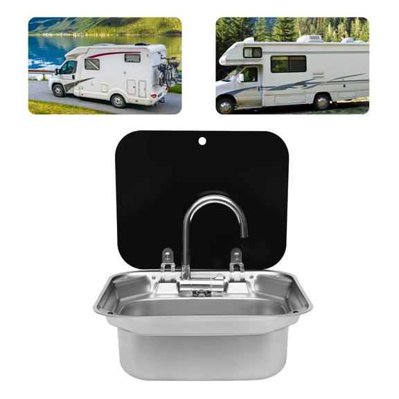 RV Camper Boat Sink Kit Stainless Steel Caravan Sink W/Lid & Retractable Faucet