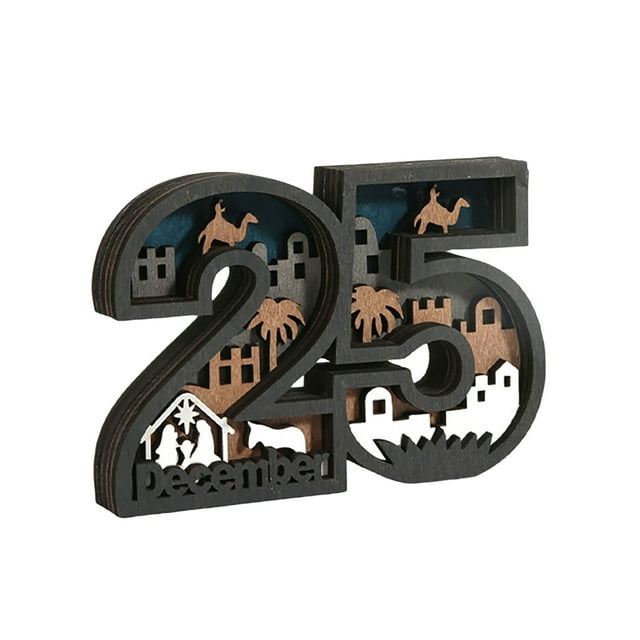 3D Layered Wooden December 25 Number Scene Tabletop Ornament For Home Holiday Desktop Display