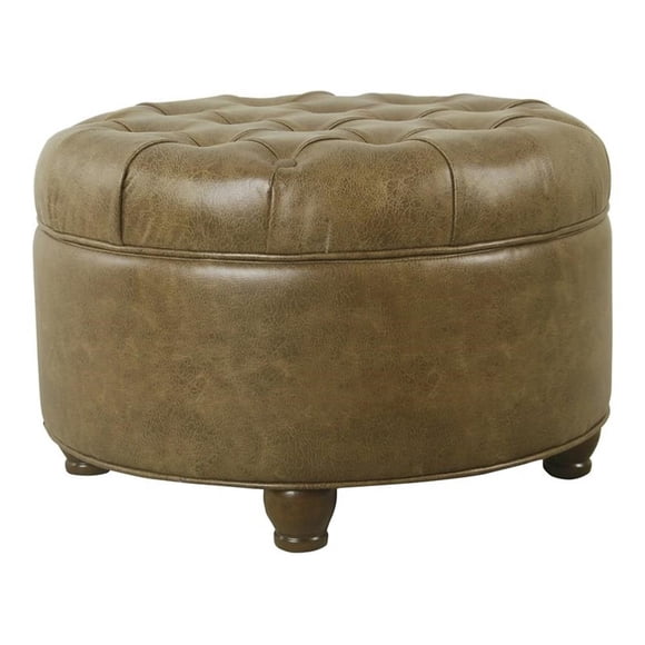 Homepop Home Decor | Large Button Tufted Faux Leather Round Storage Ottoman | Ottoman with Storage for Living Room & Bedroom (Brown)
