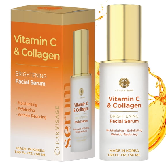 Clear Visage Vitamin C Serum For Face with Collagen – Dermatologist Tested, Anti Aging, Korean Skin Care – Fades Look of Dark Spots, Smooths Fine Lines, Firms & Hydrates – Clean Beauty – 1.69 Fl. Oz
