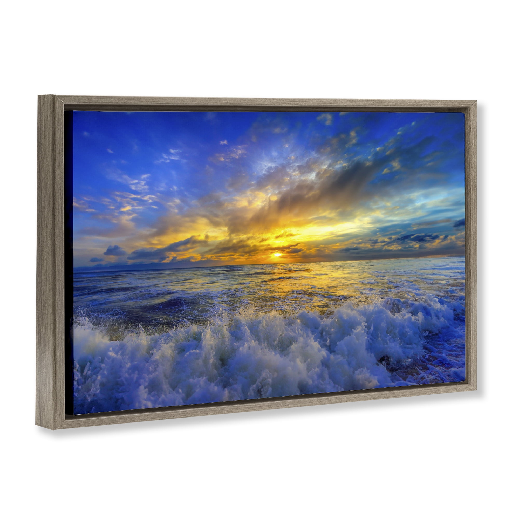 Stupell Industries Golden Blue Sunset over Waves Brown Framed Floater Canvas Wall Art, design by Eszra Tanner