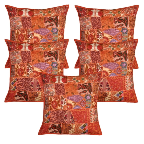 Stylo Culture Indian Settee Sofa Throw Pillow Covers 24 x 24 Big Vintage Patchwork Floral Orange Bohemian 60 x 60 cm Home Decor Cotton Abstract Square Cushion Covers | Set Of 5