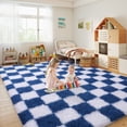 thumbnail image 2 of ZENELESS 8x10 Fluffy Rug for Living Room,Checkered Shaggy Soft Anti-Skid High Pile Carpet for Boys Girls Teen Room Dorm Home Decor,White and Sand Blue, 2 of 7