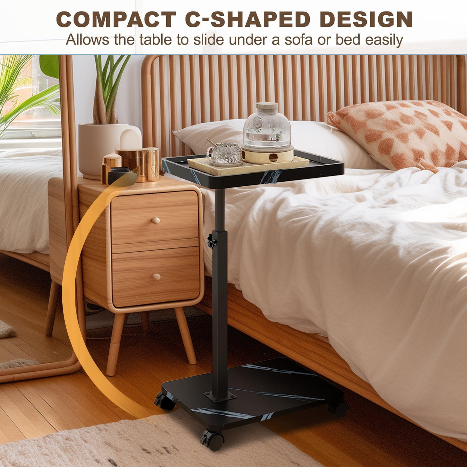 ManyFun C Table End Table Adjustable Heigh Durable MDF Top, Steel Frame, Universal Wheels, Multifunctional Tea Table (Black and white texture)