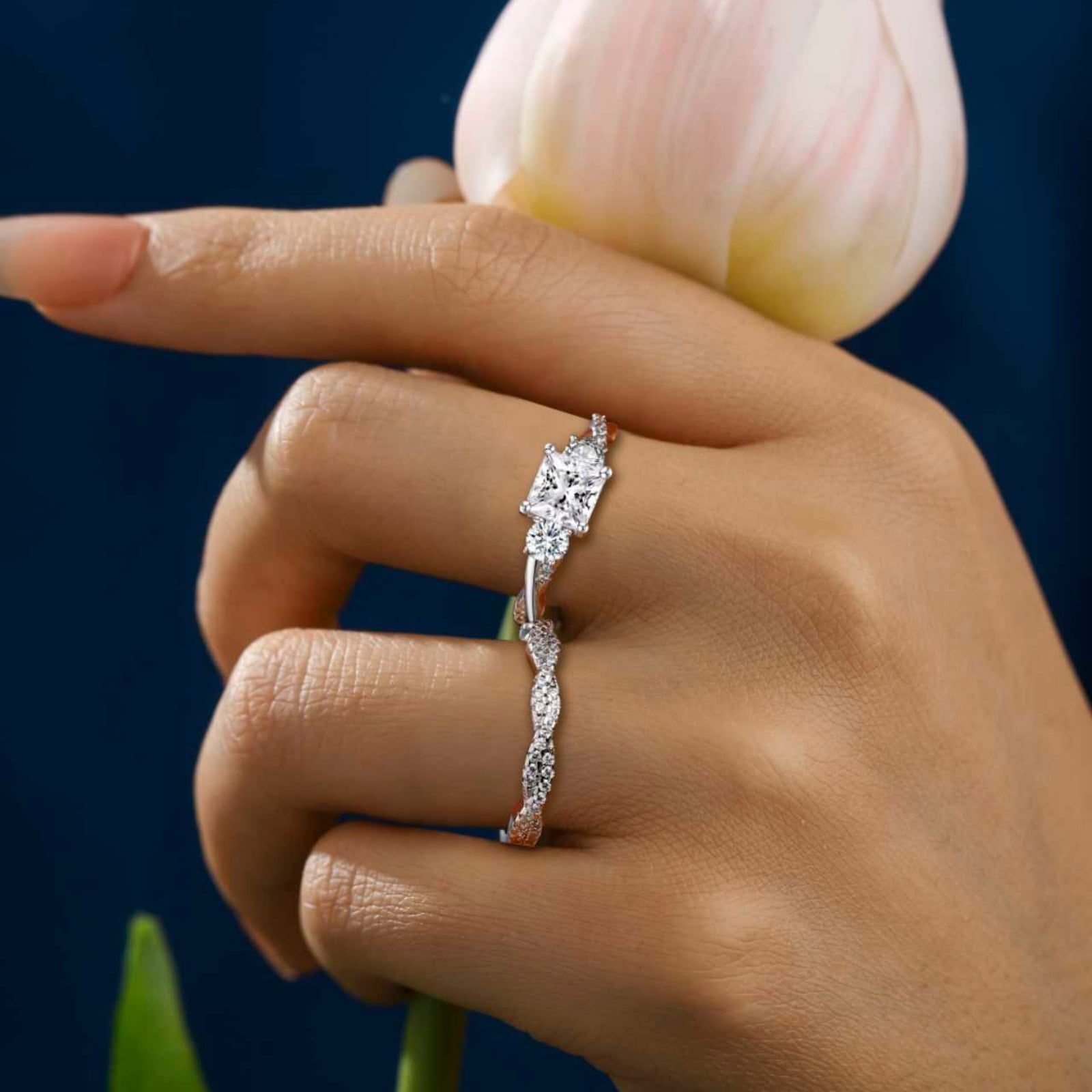 SFTING Engagement Rings for Woman 925 Sterling Silver Three Stone Vintage Princess Cut Promise Wedding Woman Rings 5A CZ Size 7