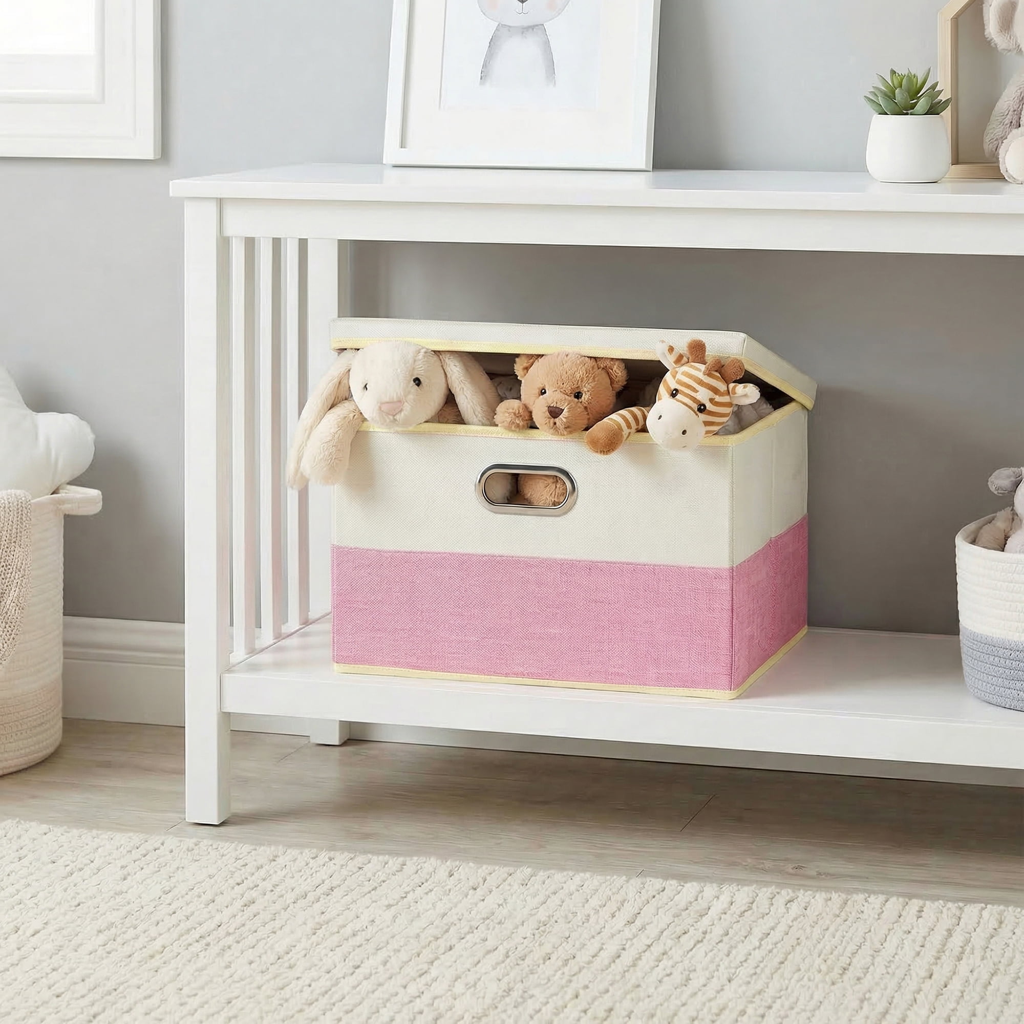 Unique Bargains Fabric Storage Bin with Lids Pink 16.9*11.8*10.6in