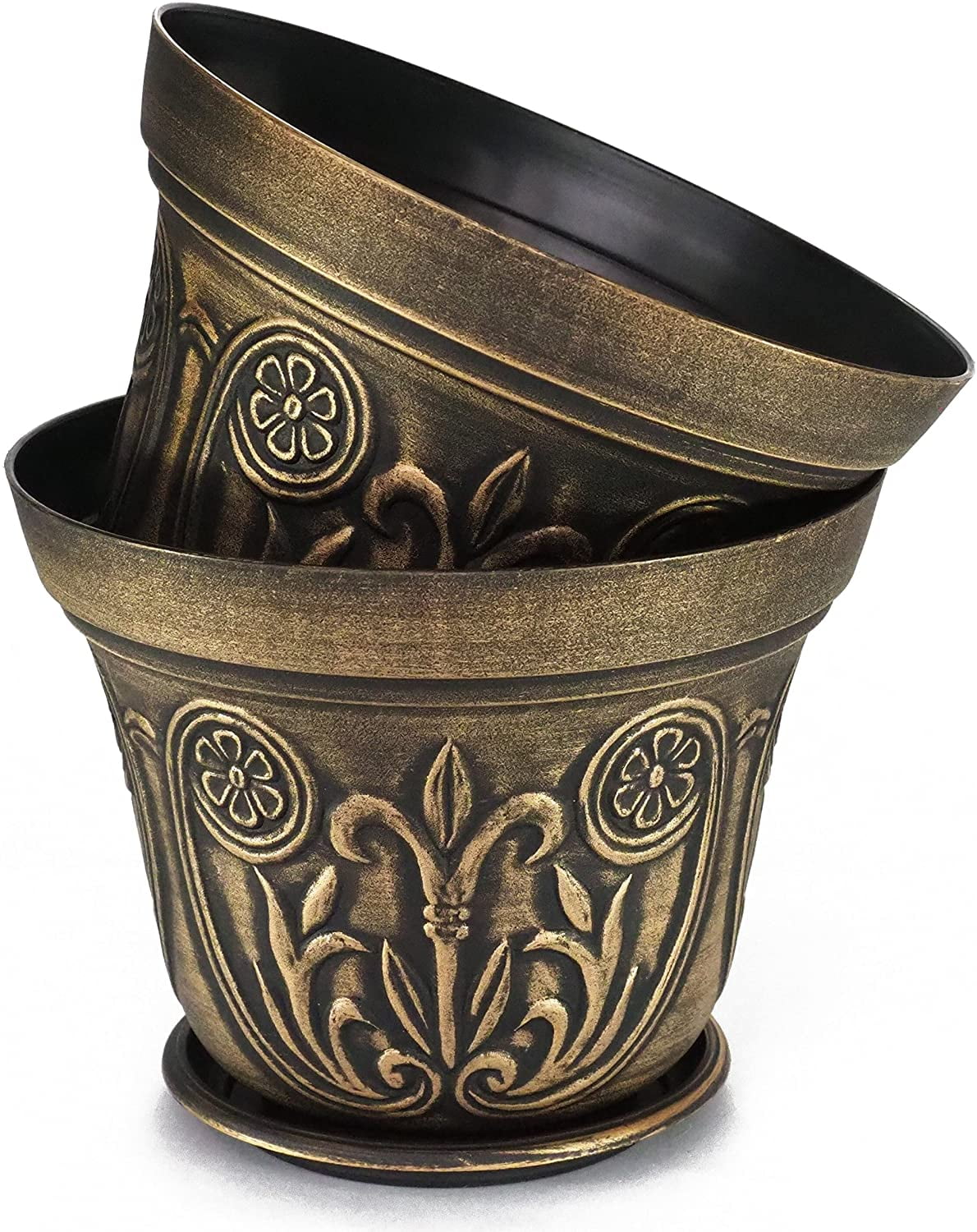Large Medieval Plastic Flowerpots, Set of 2 Planter and 2 Saucers (4 Pieces) for Garden Patio Office Ornaments Home Decor Long Lasting Reusable Light Weight