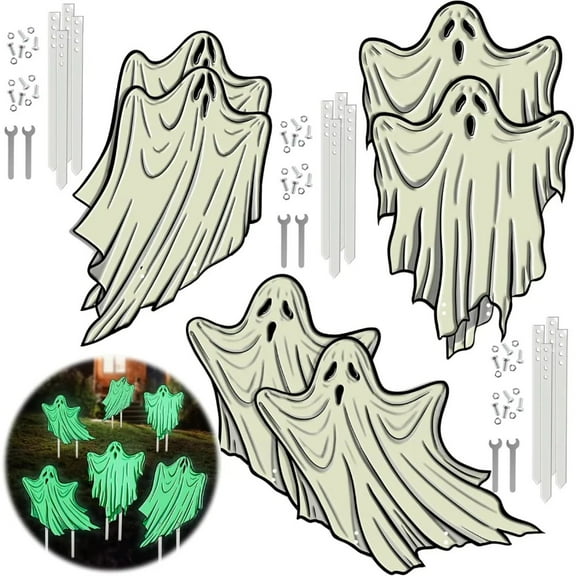 17" Glow in the Dark Metal Lawn Ghosts w Stakes(6pk-3 Unique Tombstone Designs) Weatherproof, Durable Outdoor Haunted House Lawn Decor- Great For Parties