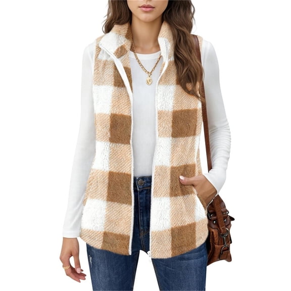 QUNYINEY Womens Vest Checkered Lightweight Full Zip Fleece Waistcoat Warm Loose Fit Winter Sleeveless Stand Collar Womens Jackets Casual