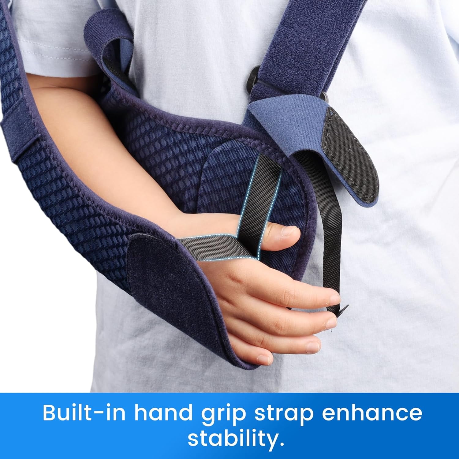Velpeau Kids Arm Sling Shoulder Immobilizer with Waist Strap -Ventilated & Breathable Support Brace for Children, Boys, Girls (Mesh-Blue, Right, XS)