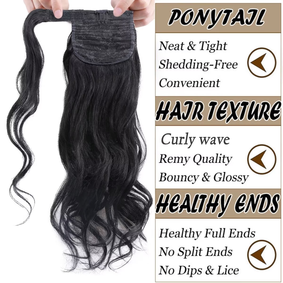 Benehair Clip in Ponytail Hair Extensions Human Hair Ponytail Wrap Around Remy Hair One Piece Human Hair Extensions Jet Black 18inch 90g Body Wave Curly Pony Tail