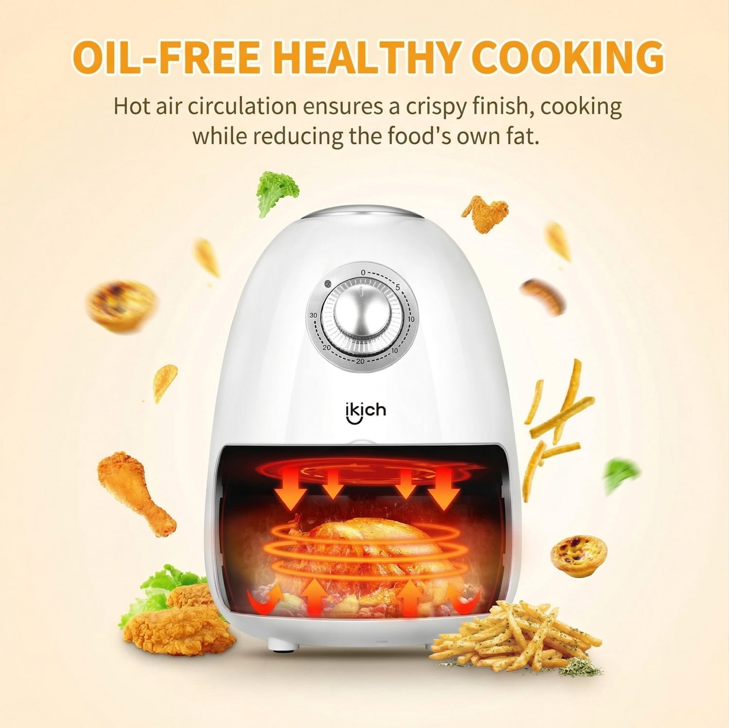 Ikich 2 Quart Air Fryer, White - Non-Stick, Oil-Free Healthy Cooking