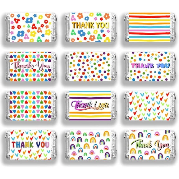 20Sheet 120Pcs Thank You Mini Candy Bar Wrappers Rainbow Circle Flower Dot Chocolate Bar Label Stickers Self Adhesive Stickers for Son Daughter Shower Birthday Gratitude Party Favors(No Candy)