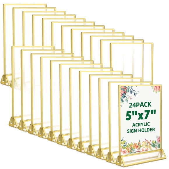 TonGass 24-Pack 5"x7" Gold Acrylic Picture Frames &ndash; 3mm Gold Border Wedding Table Number Holders, Clear Double-Sided Acryli