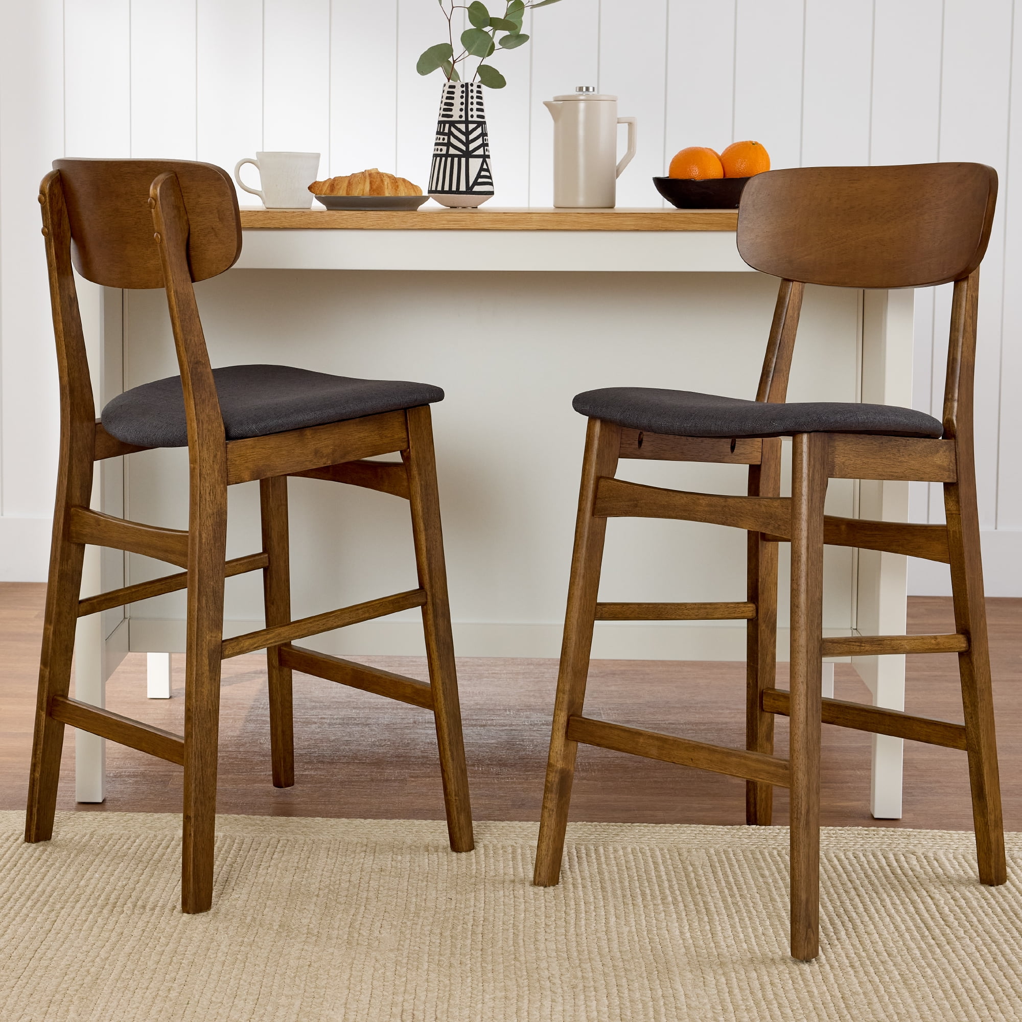 Best Choice Products 2-Piece Farmhouse Counter Height Bar Stool Set w/ Cushioned Seat, Wooden Backrest  Walnut/Charcoal
