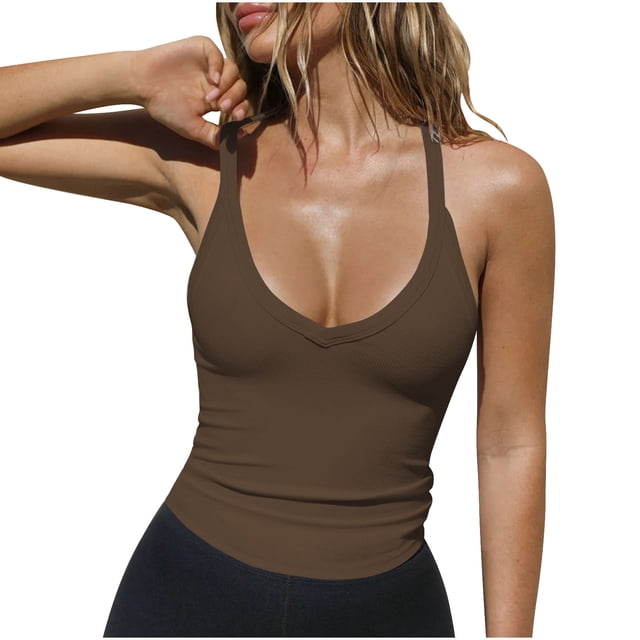 Sexy Tank Tops Woman Summer Rib Knit Deep V Neck Halter Tops Slim Fit Solid Casual Workout Yoga Blouses (Large, Coffee)