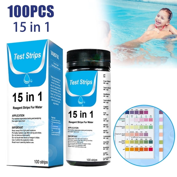 Dailihome 15 in 1 Pool Test Strips, 100 Count PH Water Tester Paper for Swimming Pools Spas Hot Tubs and Fish Tanks, Accurate Chlorine and Hardness Kit, 1 Pack
