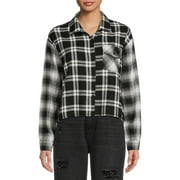No Boundaries Juniors' Plaid Flannel Button Front Shirt with Long Sleeves