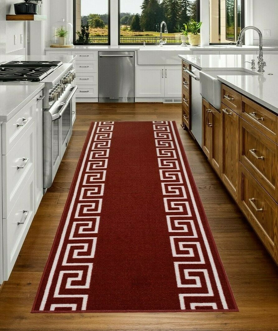Runner Rug for Hallway Greek Key Print Design Red White Color 26 Inch or 31 Inch Wide by Your Length Choice Slip Resistant Rubber Backing Stain Resistant Pile Stair Runner