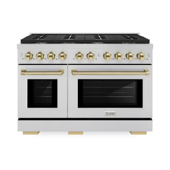 ZLINE Autograph Edition 48 in. 6.7 cu. ft. Paramount Double Oven Gas Range with 8 Burner Cooktop in Stainless Steel and Polished Gold Accents (SGRZ-48-G)