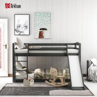 Arkham Gray Twin Bunk Bed, Solid Wood Twin Bunk Bed Frame, Low Bunk Beds Twin Over Twin with Slide and Ladder for Kids, Easy to Assemble ( Gray )